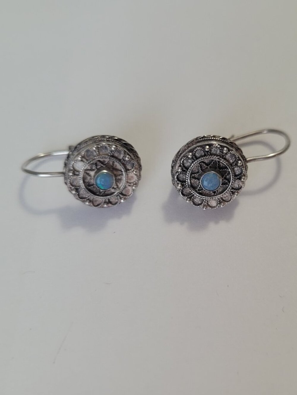 Sterling Opal Earrings Vintage Etruscan Style Drop/Dangle October Birthstone